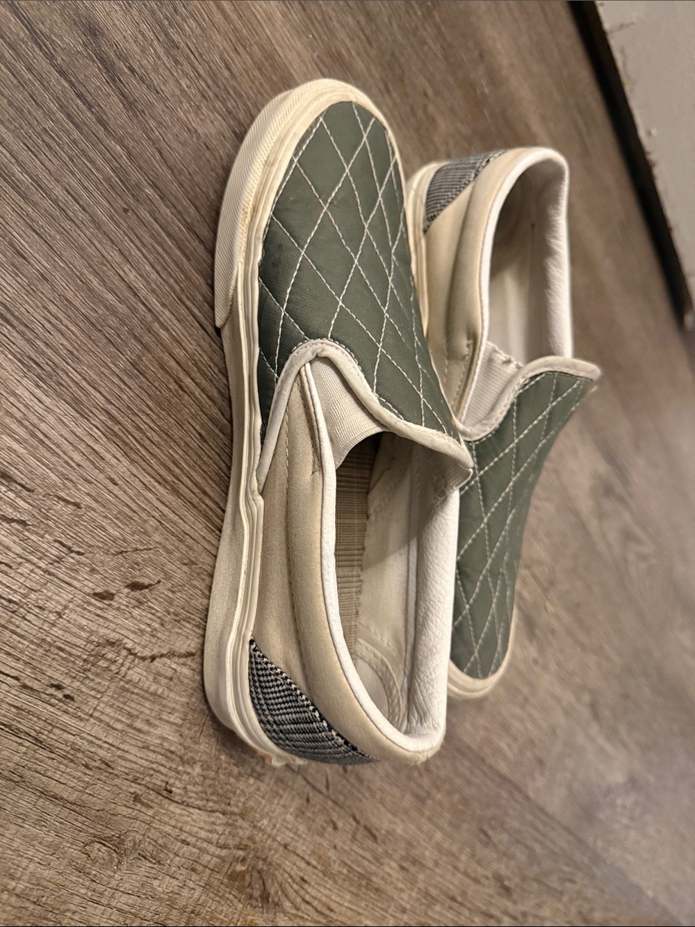 Vans Quilted Olive Green and Cream Slip-On Sneakers